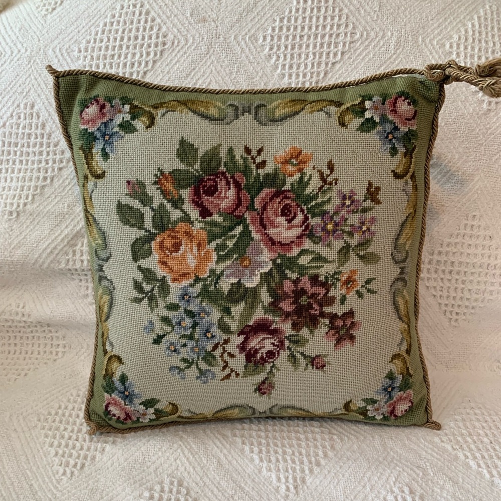 Vintage Floral Needlepoint Pillow with Green and Pink Accents